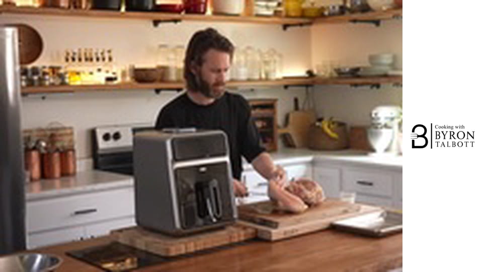AirFried Curry Chicken, Warm Potato Salad, and English Pea Puree